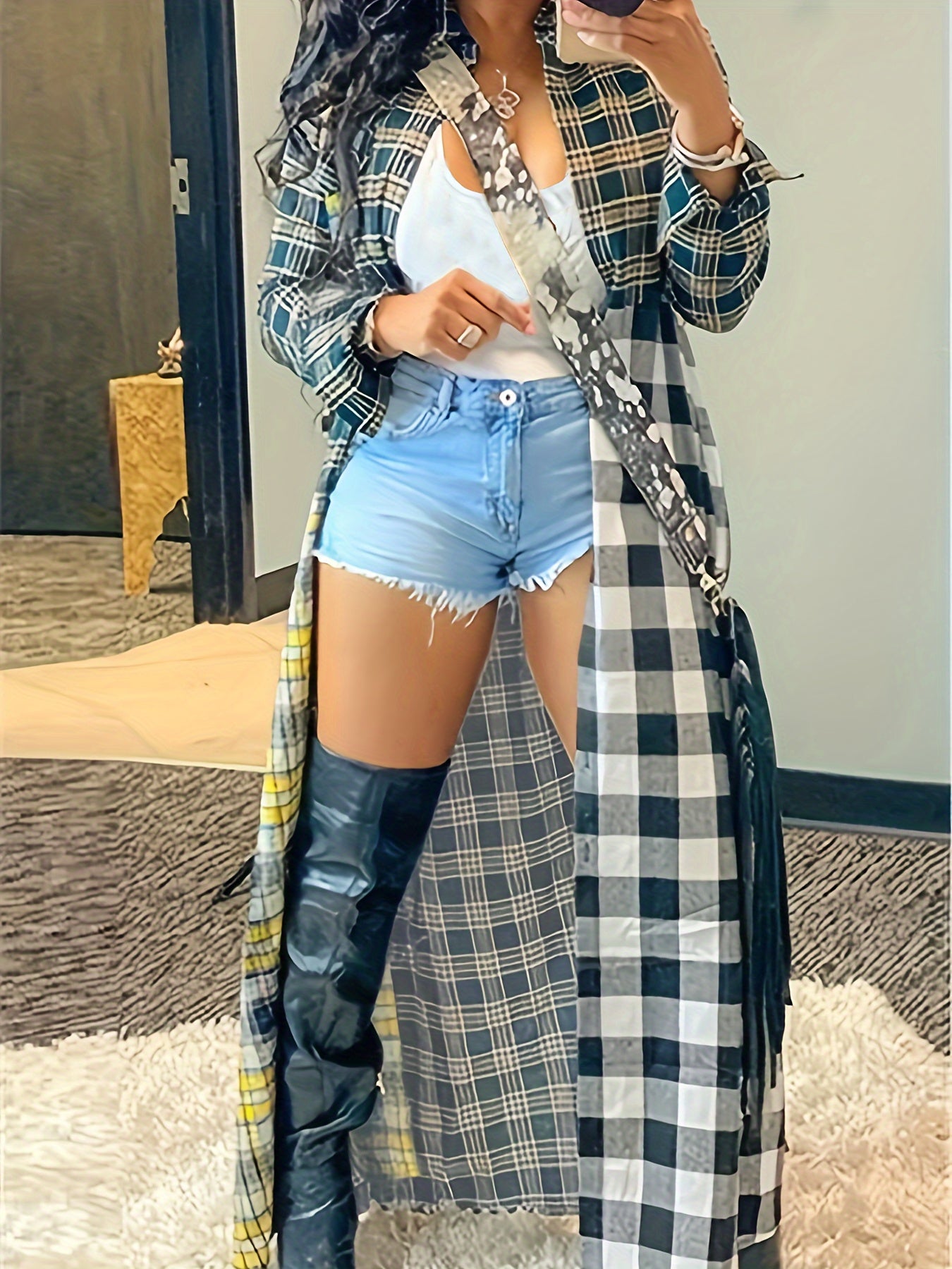  Plaid Print Button Up Long Sleeve Maxi Shirt Coat