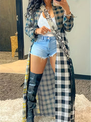  Plaid Print Button Up Long Sleeve Maxi Shirt Coat