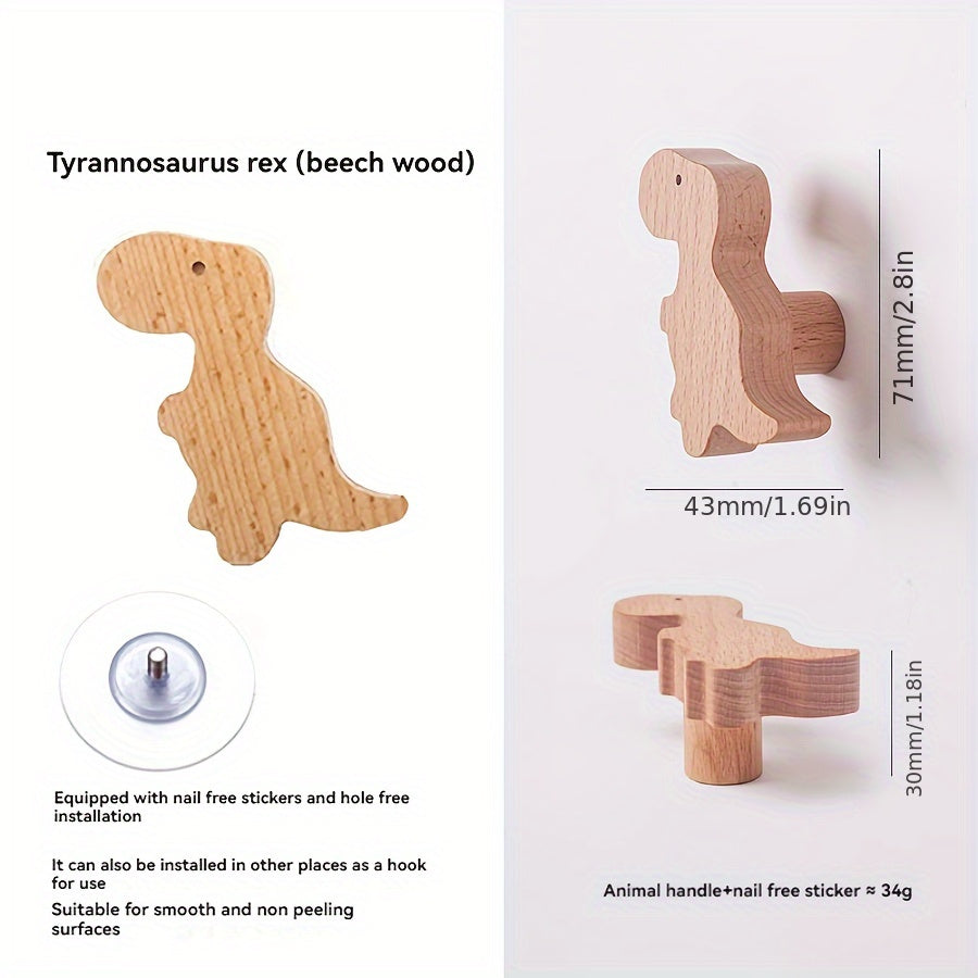 Dino Wooden Cabinet Handle T Rex & Pterosaur Khaki Finish for Kids' Room Doors