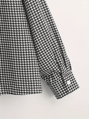  Houndstooth Print Bow Knot Blouse Long Sleeve Top
