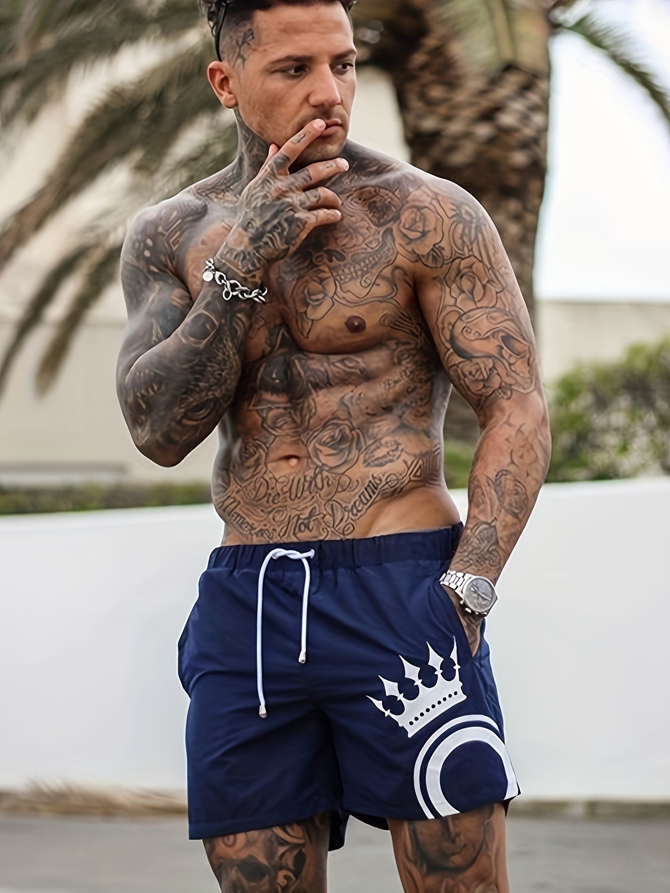 Men's Crown Pattern Shorts With Pockets Active Drawstring Shorts