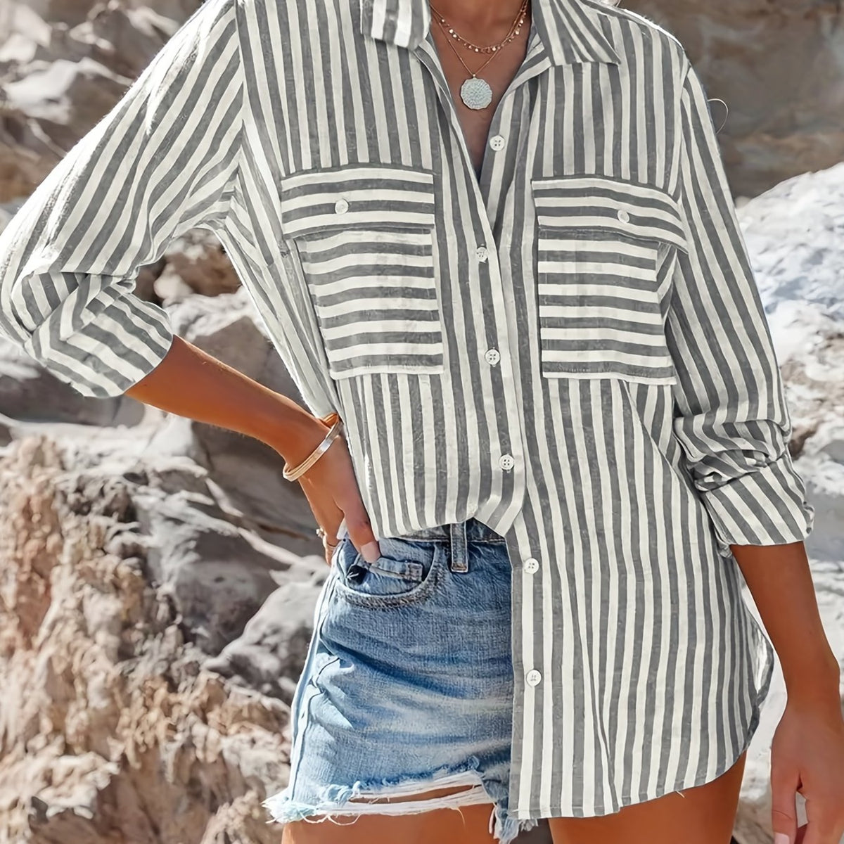  Stripe Print Long Sleeve Button Up Blouse
