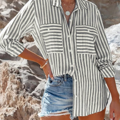  Stripe Print Long Sleeve Button Up Blouse