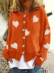 Heart Print Button Up Long Sleeve Cardigan