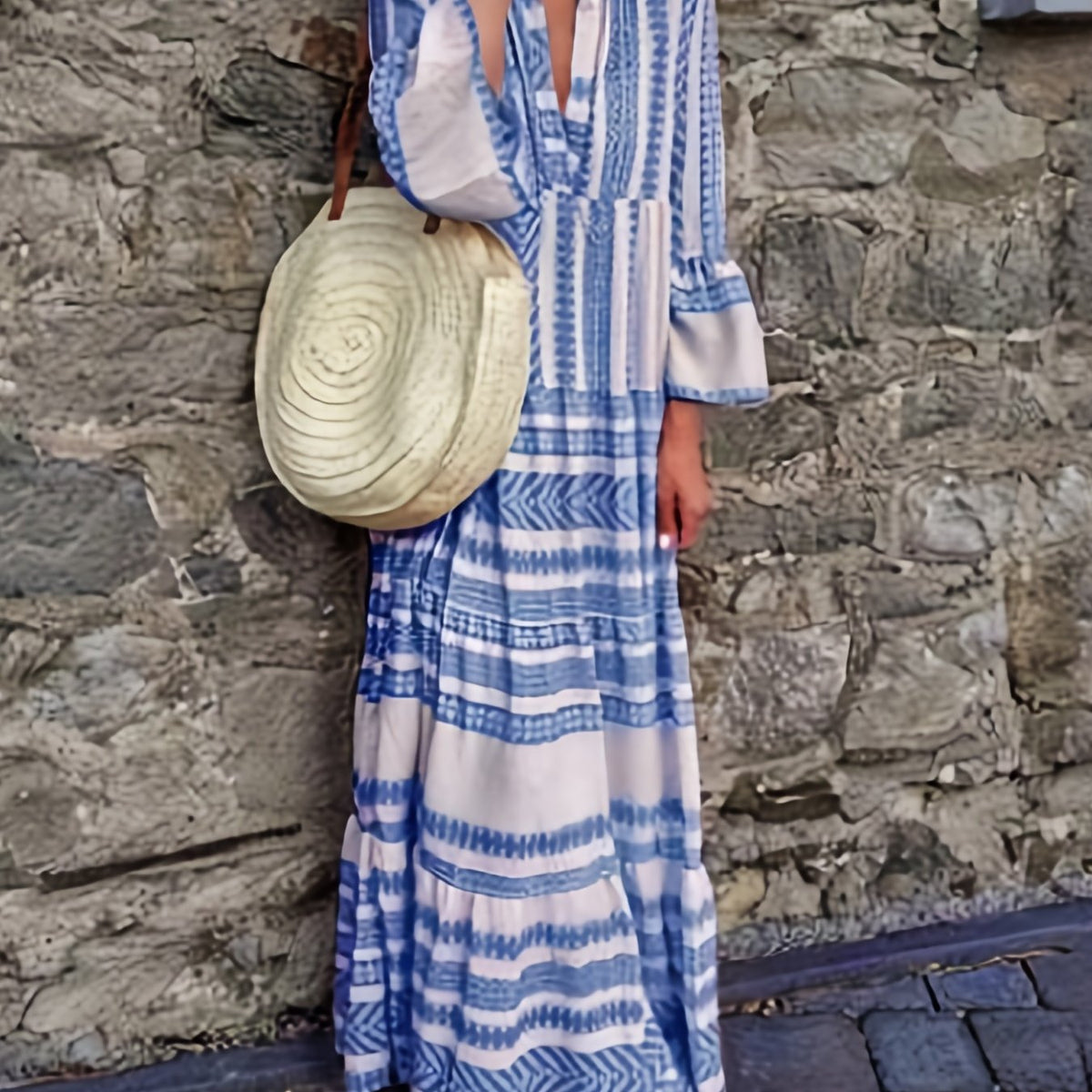  Colorblock Bell Sleeve Maxi Dress