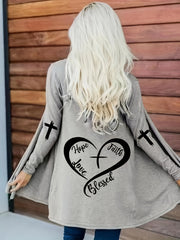  Women's Open Front Cardigan Heart & Letter Print Long Sleeve