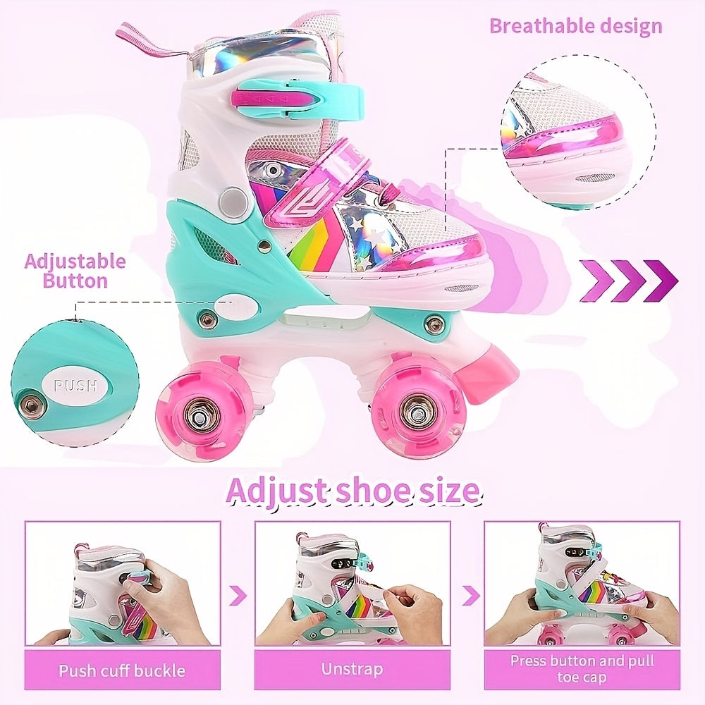 Kids Adjustable Roller Skates 4 Light Up Wheels Lace Up Full Protection Shoes