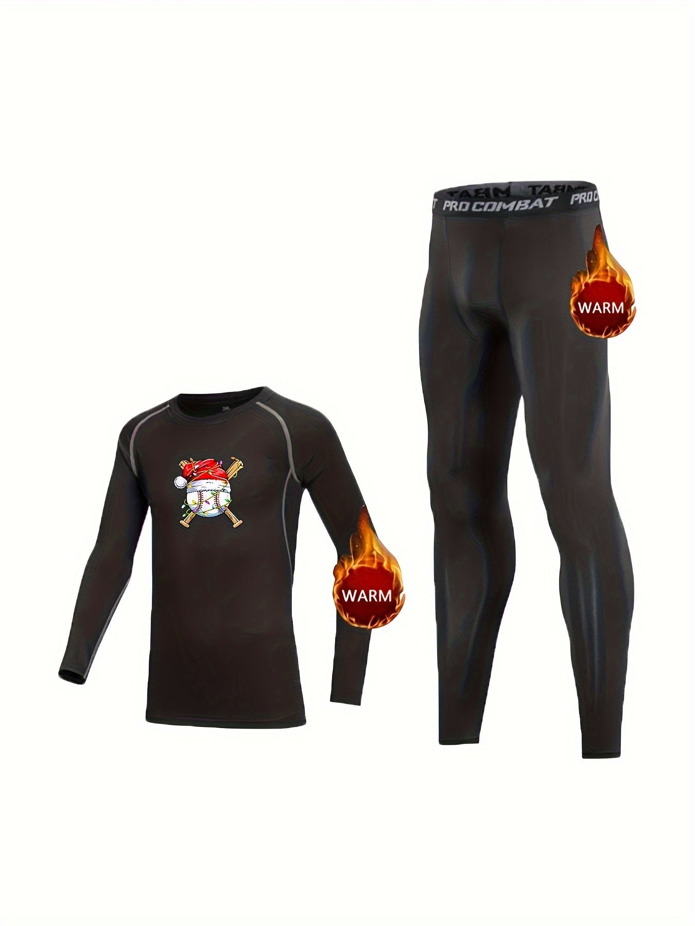 2pcs Kids Fleece Lined Christmas Baseball Compression Base Set