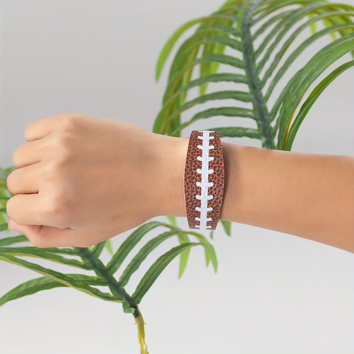 Rugby Pattern Faux Leather Bracelet Sports Style Snap Bangle