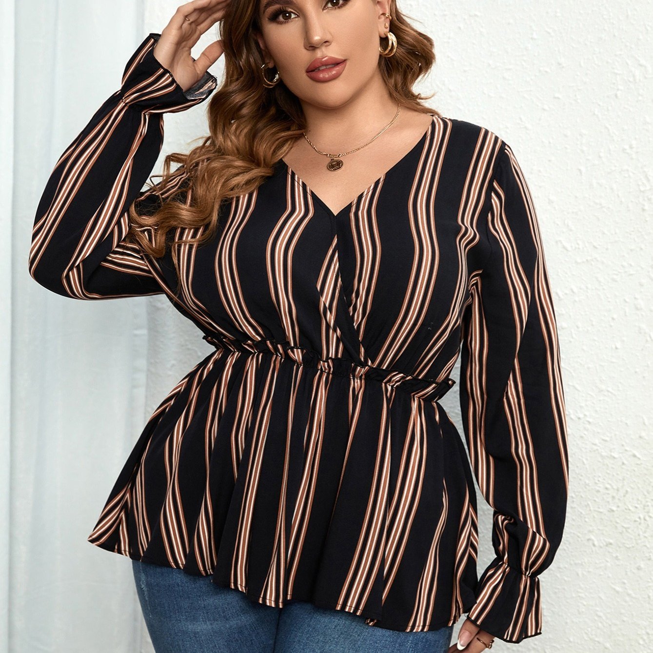  Striped V Neck Long Sleeve Blouse with Flounce Sleeve