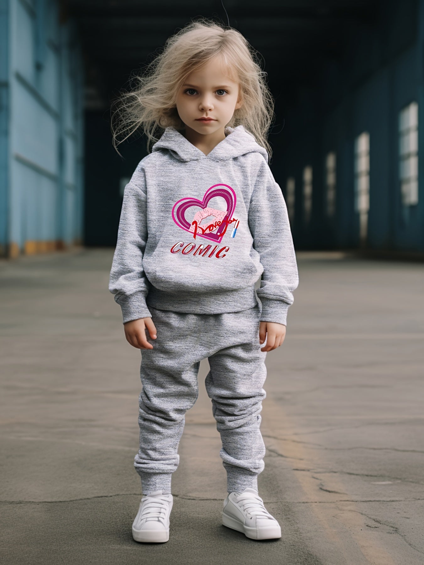 OERYUI Kids Heart Print Hooded Pullover Pants Set for Sports Spring Fall