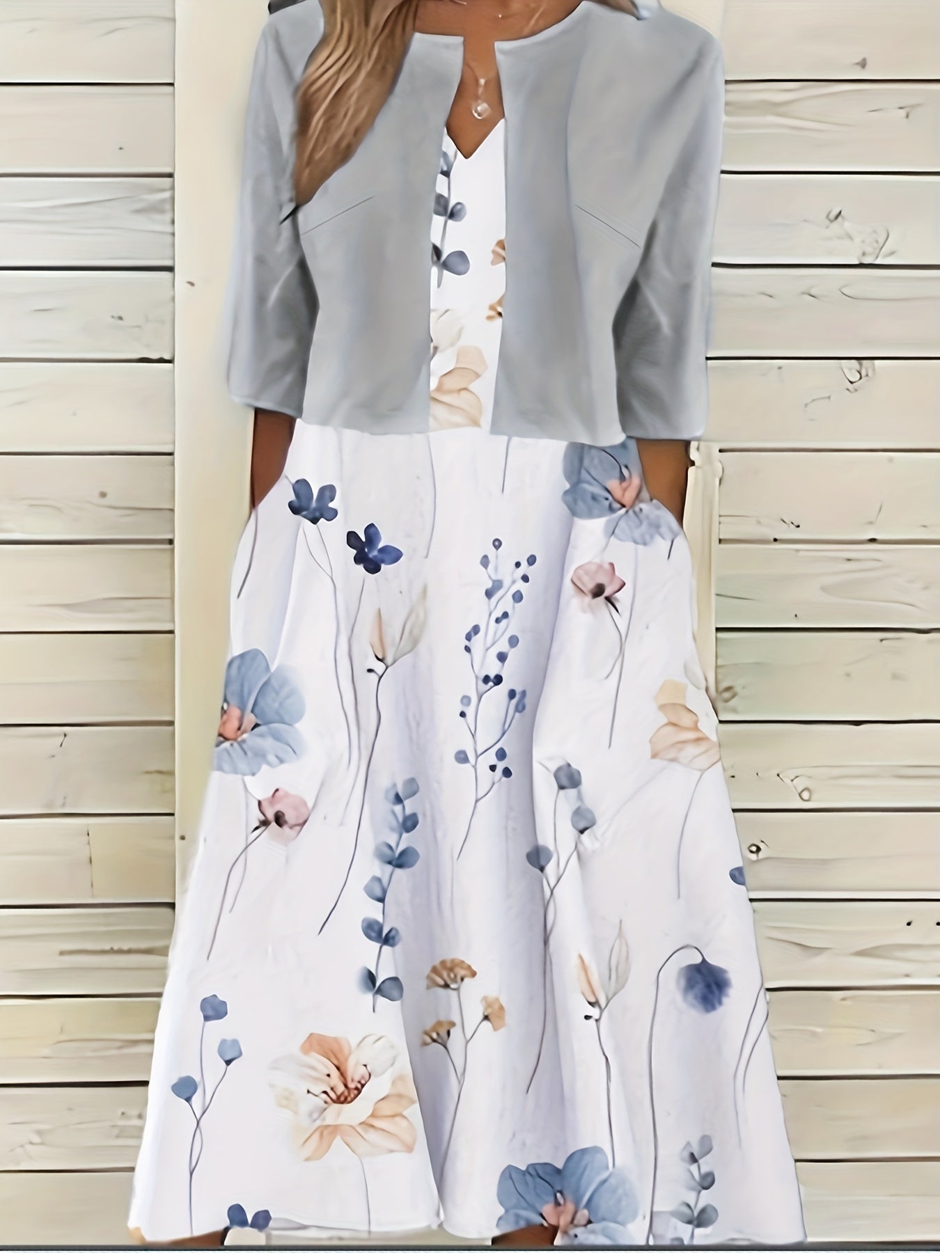 Spring & Summer Two Piece Set Floral Print Midi Dress & Solid Open Front Top