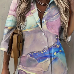  Marble Print Button Up Long Sleeve Blouse