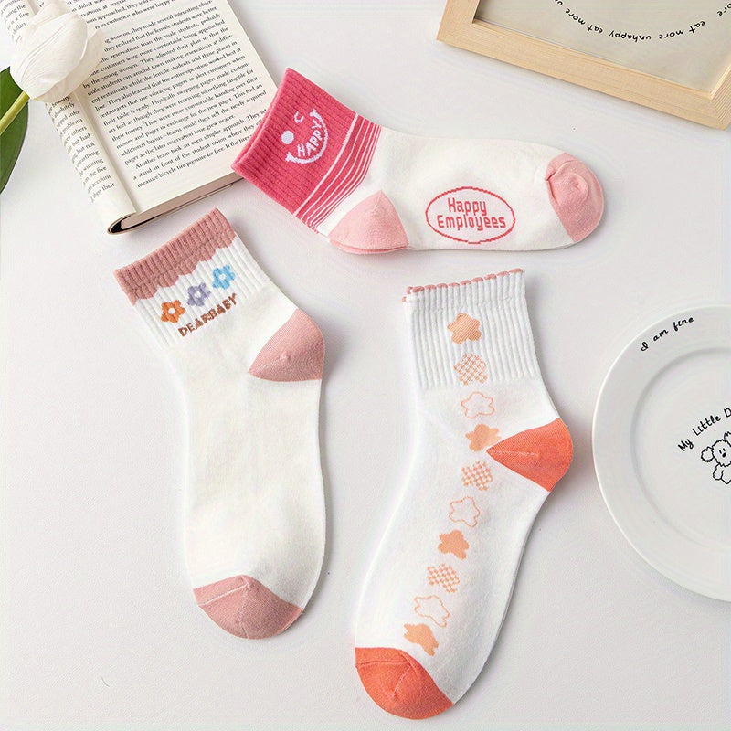 3 Pairs Floral & Letter Print Socks All Match Women's Stockings