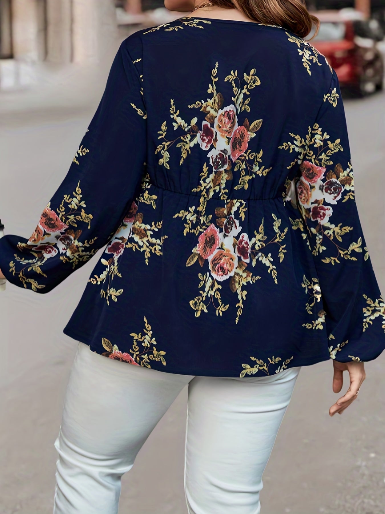  Floral Print Lantern Sleeve V Neck Peplum Top