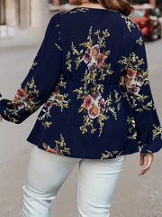  Floral Print Lantern Sleeve V Neck Peplum Top