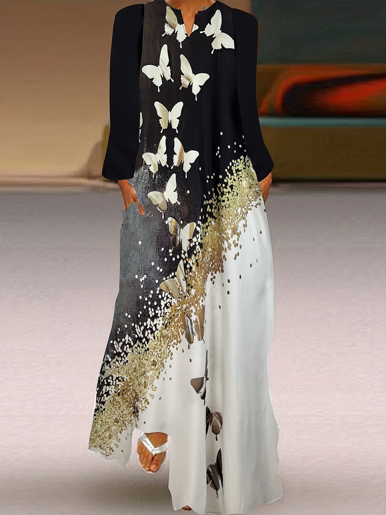  Colorblock Sequin Print Maxi Dress