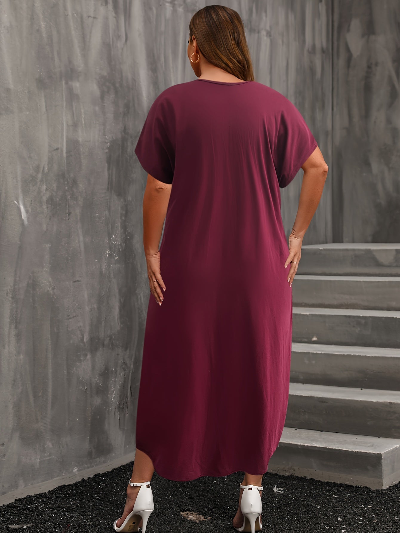  Casual Dress Women's Plus Solid Batwing Sleeve V Neck