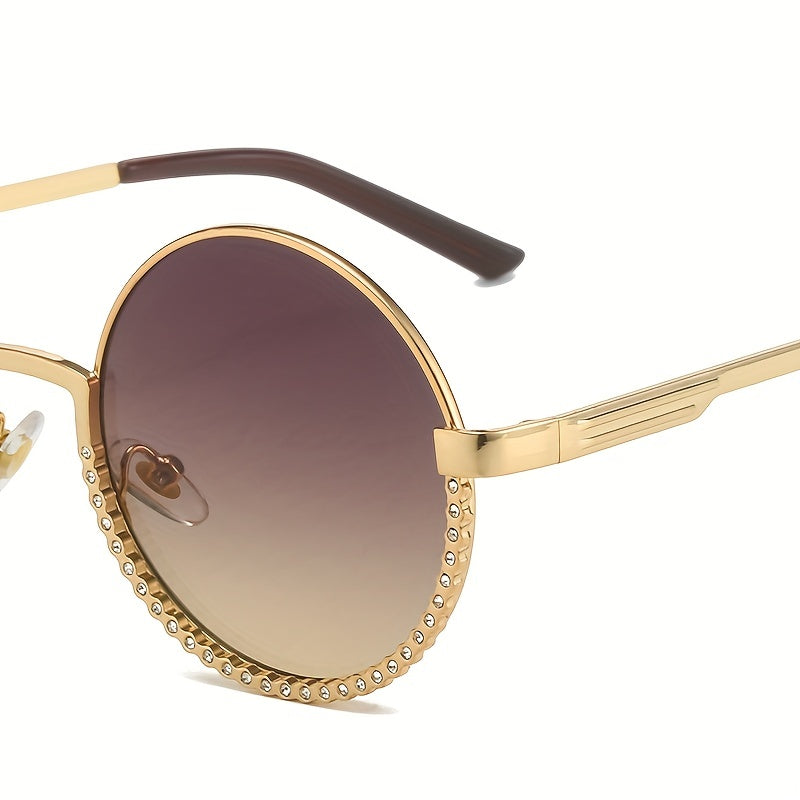 Round Metal Frame Sunglasses Rhinestone Decor Gradient Glasses UV400