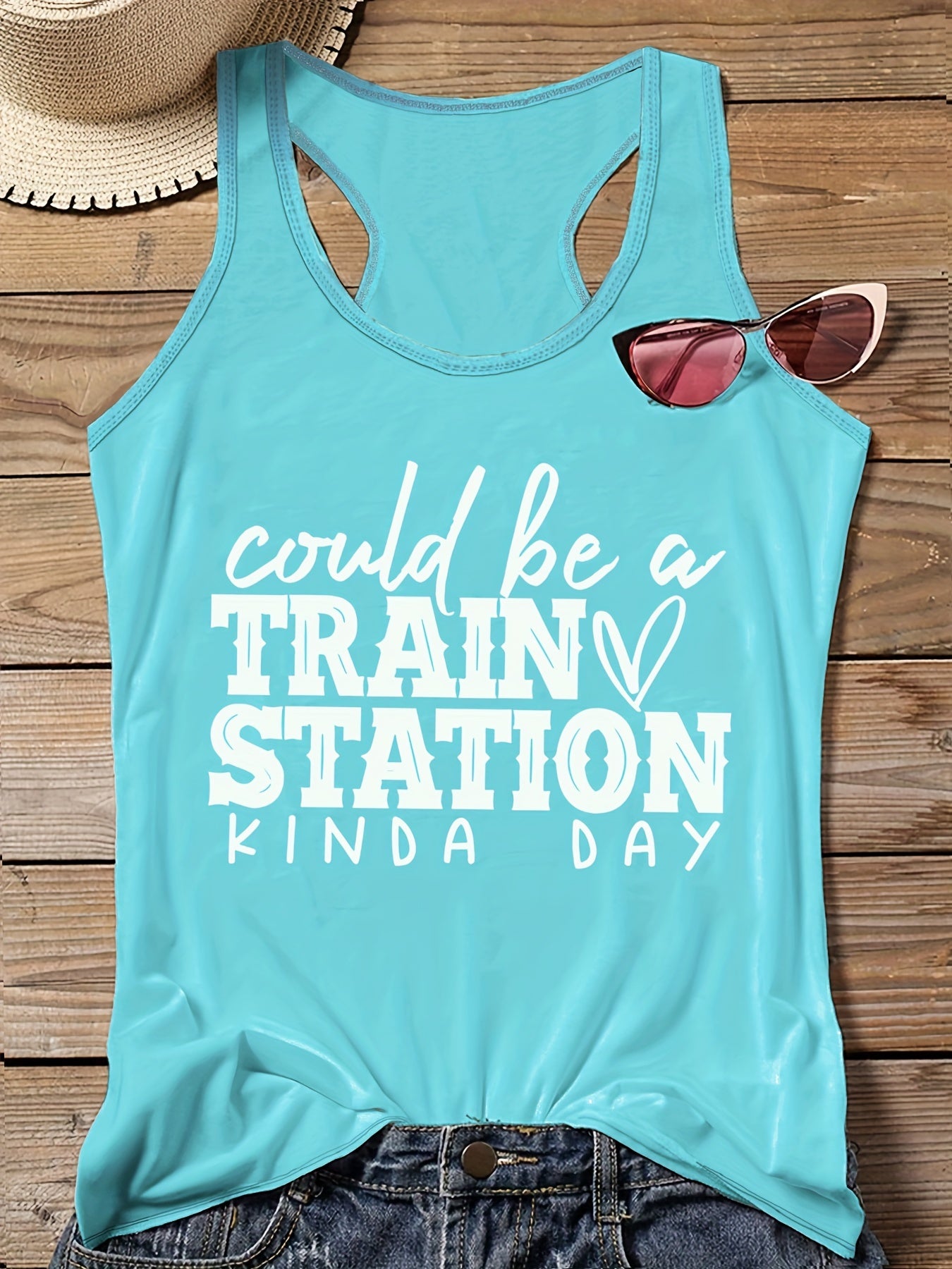  Women's Slogan Print Tank Top Round Neck Vest