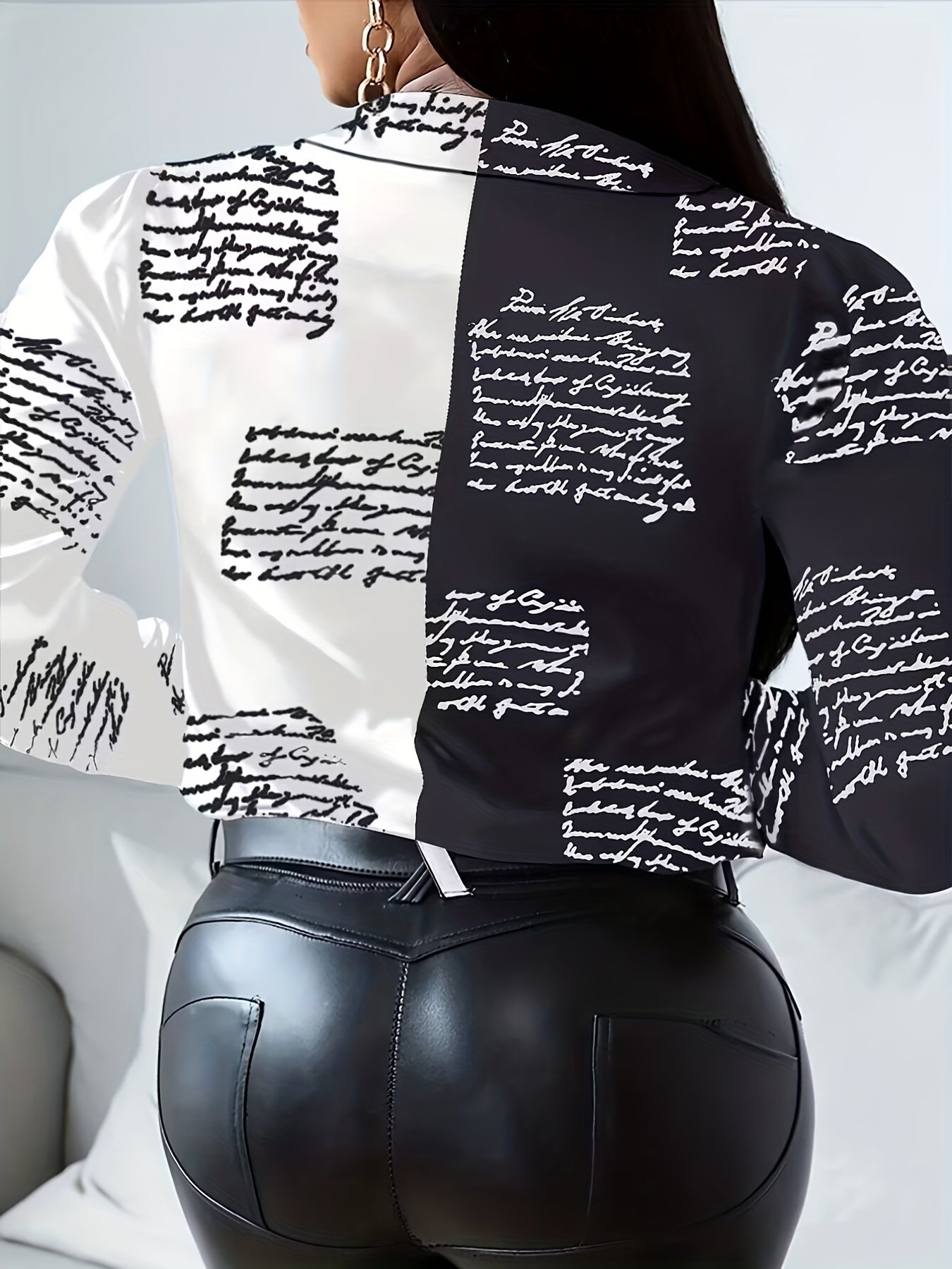  Colorblock Letter Print Button Down Blouse