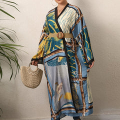  Boho Kimono Women's Plus Print Trim Long Sleeve Beach Cover Up