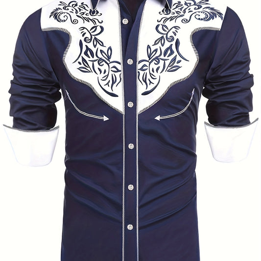 Embroidered Pattern Men's Shirt Top Turn Down Collar