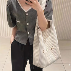 Striped Pattern Shoulder Bag Vintage Knitted Tote Bag