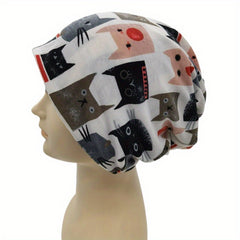 Cartoon Cat Print Beanie Skull Hat Turban Lightweight Chemo Cap