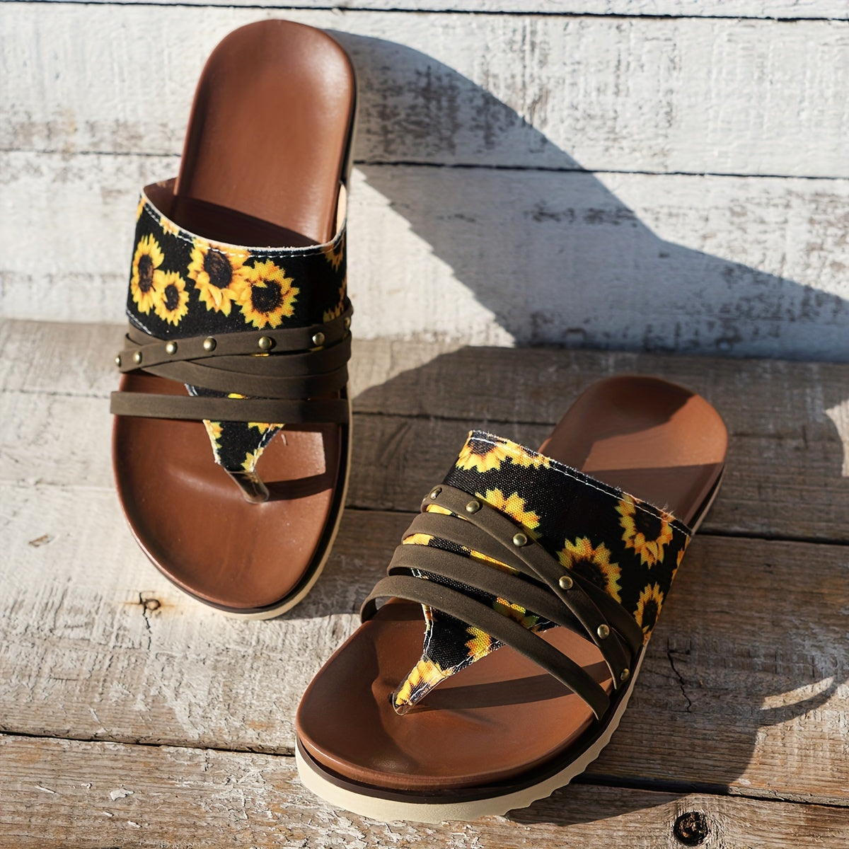 Boho Sunflower Thong Sandals Non-slip Beach Slippers Women
