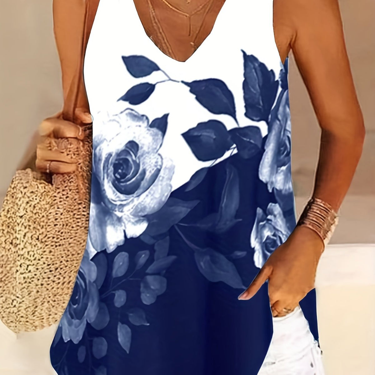  Floral Print V Neck Tank Top