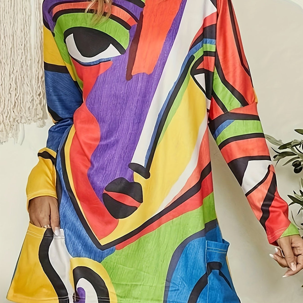  Abstract Print Long Sleeve Tunic Dress with Pockets