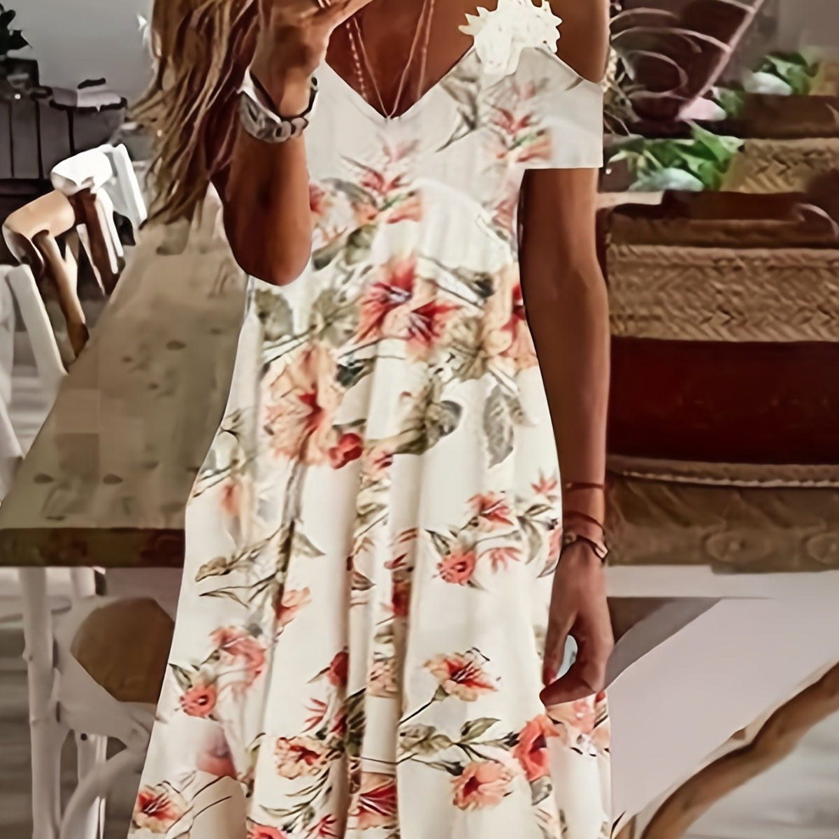  Women's Floral Cold Shoulder V Neck Midi Dress