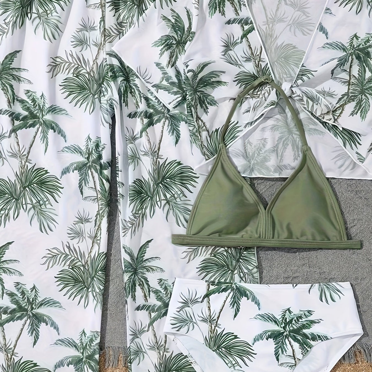 4pcs Coconut Tree Swimsuit Set for Girls - Comfy Bathing Suit