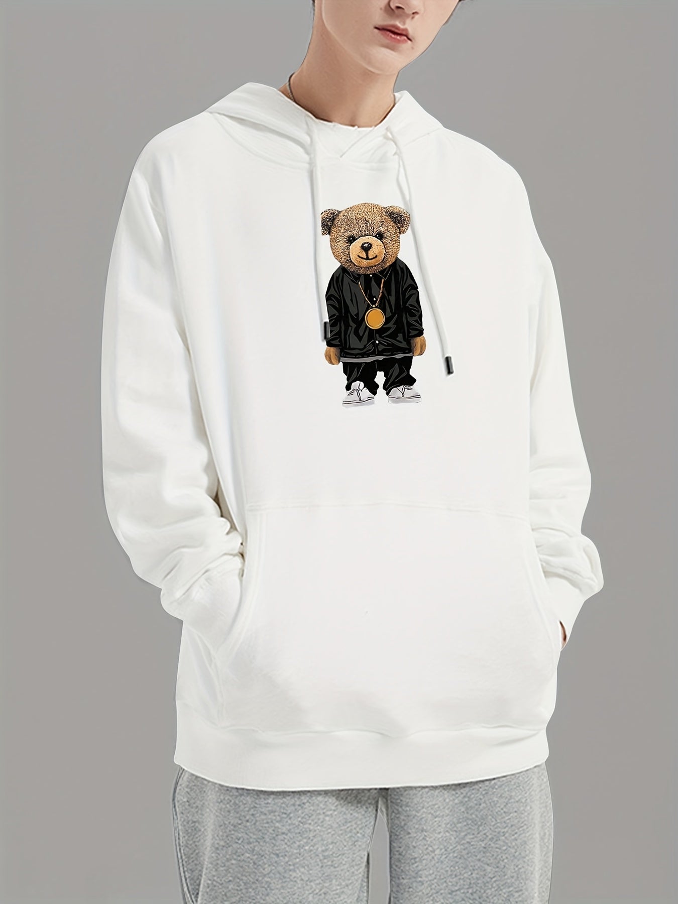 Teddy Bear Print Hoodie Men's Pullover Sweatshirt