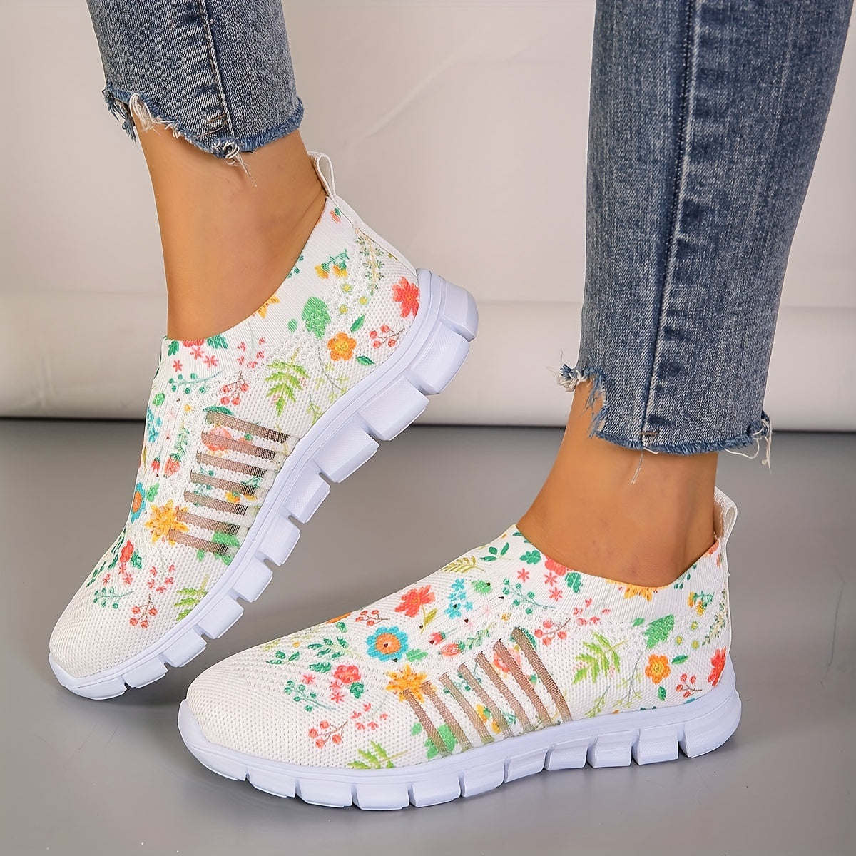 Floral Print Sock Shoes Low Top Slip On Comfy Running Shoes