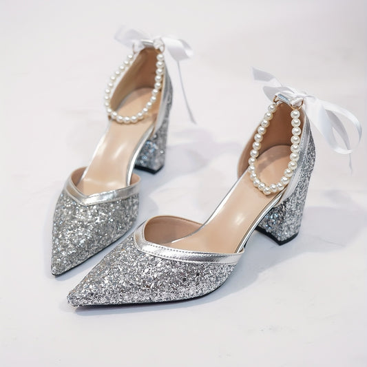 Pearl Ankle Strap Pumps Chunky Heels Glitter Summer Shoes