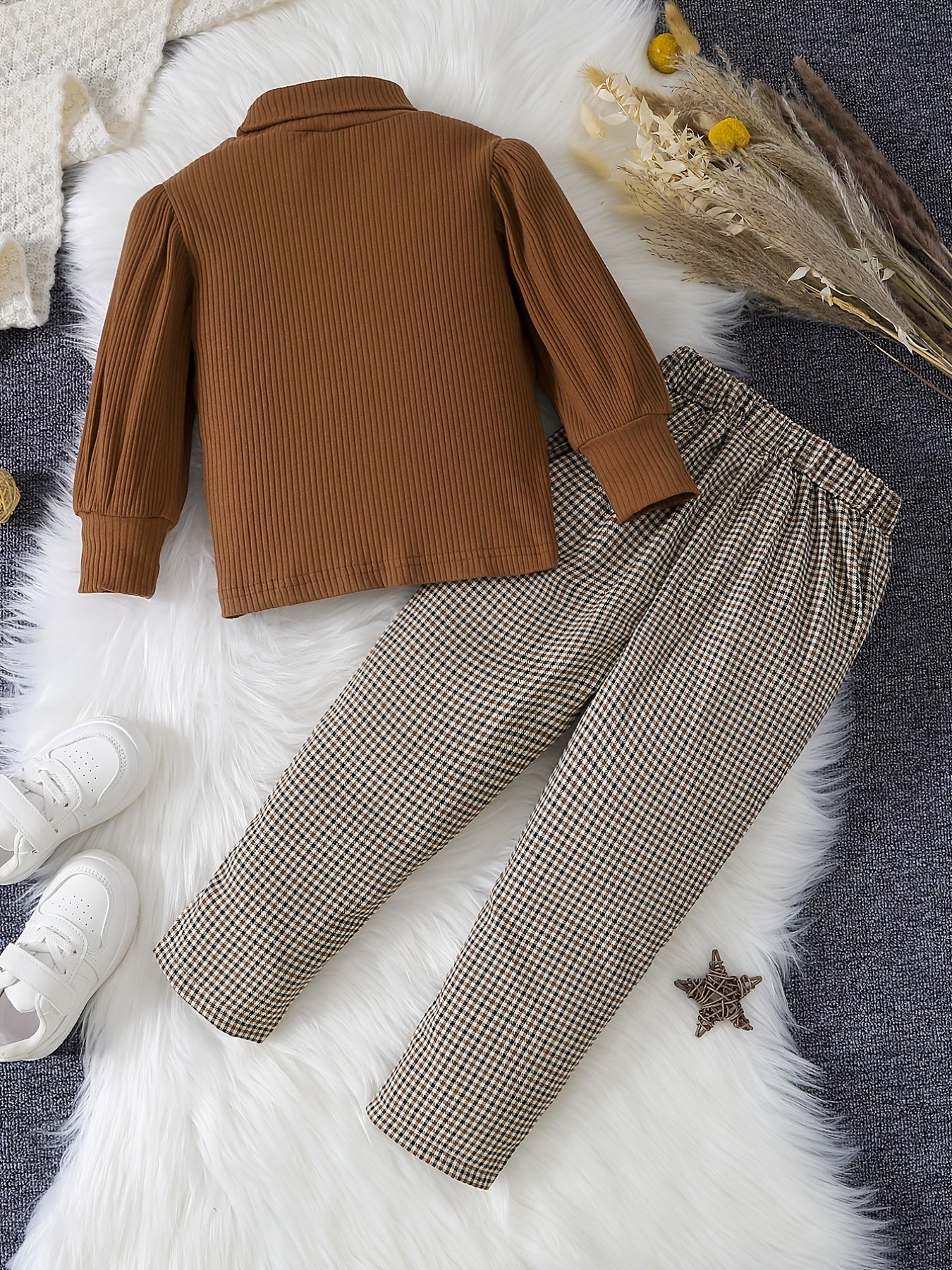 Girl's Ribbed Turtleneck Top & Plaid Pants Set for Spring Fall