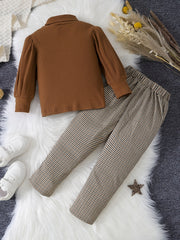 Girl's Ribbed Turtleneck Top & Plaid Pants Set for Spring Fall