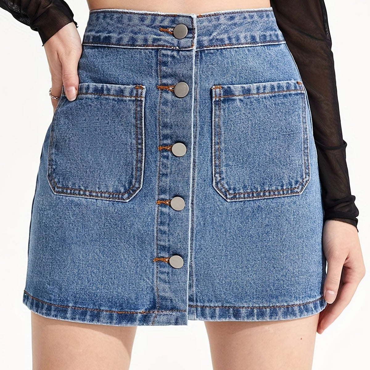 Mid Waist Denim Skirt Single Breasted Patch Pockets