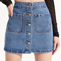 Mid Waist Denim Skirt Single Breasted Patch Pockets
