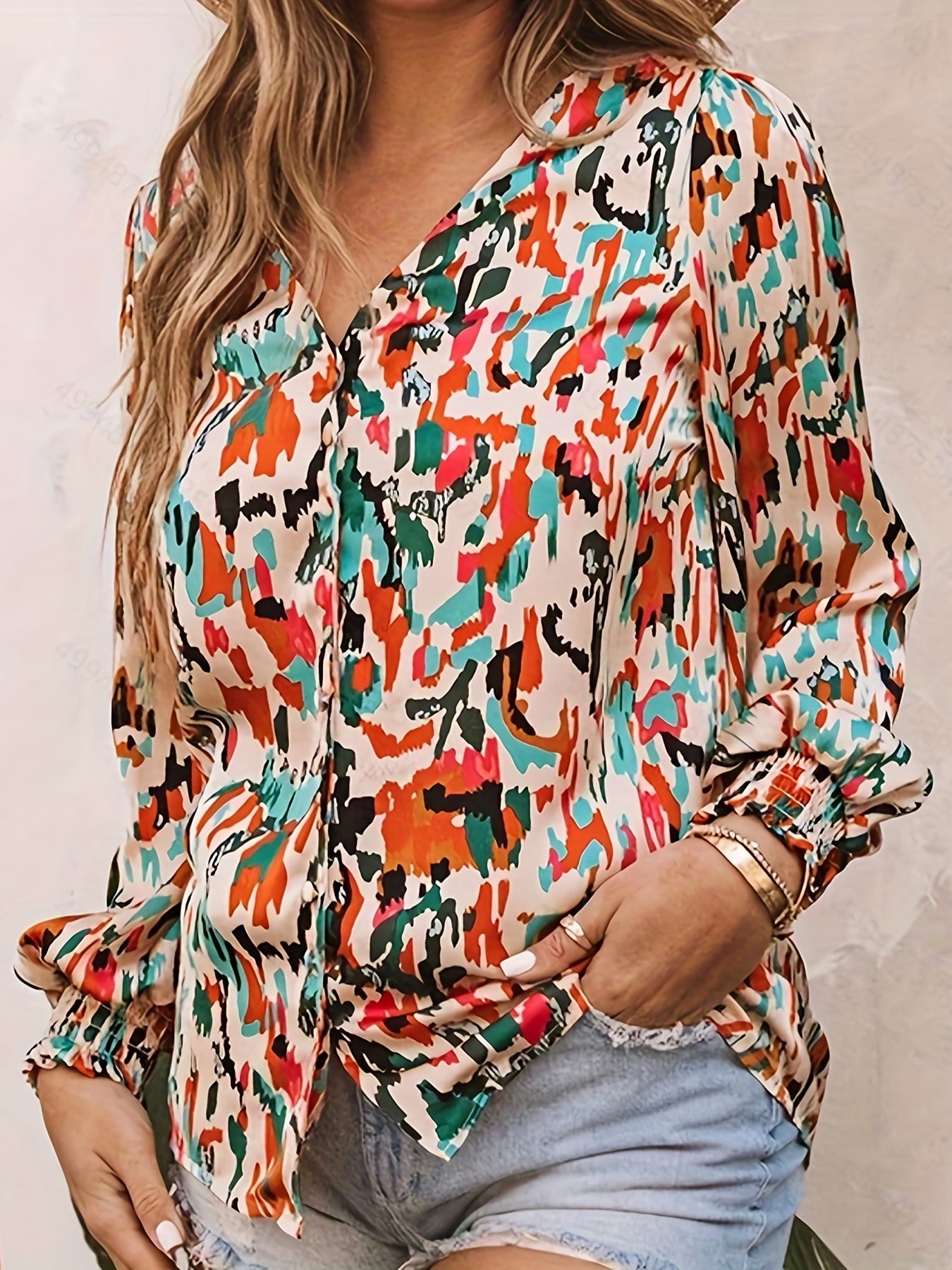  Boho Blouse Random Print Button Up V Neck Shirt Top