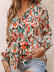  Boho Blouse Random Print Button Up V Neck Shirt Top