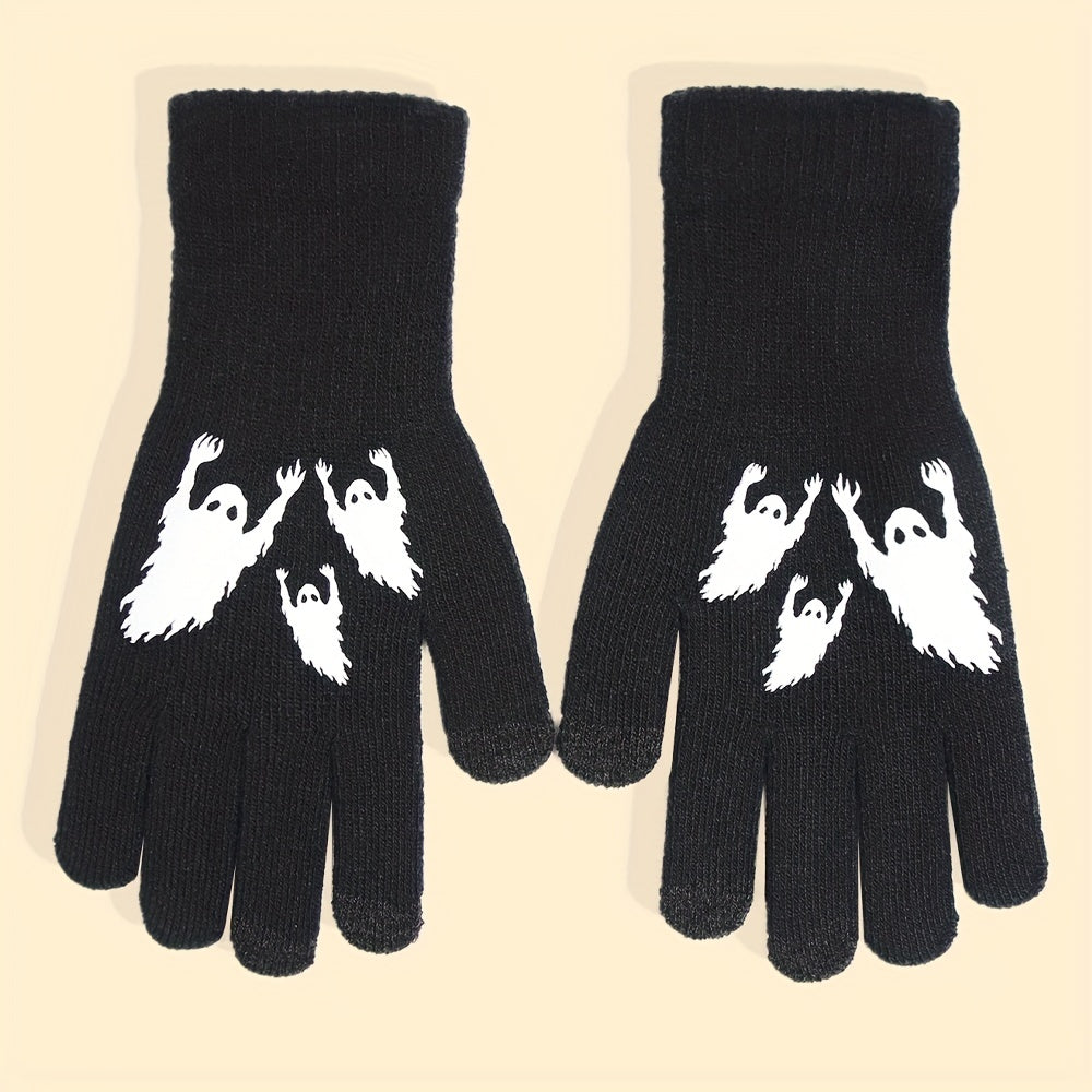 Halloween Ghost Pattern Touch Screen Gloves - Windproof Knitted Gloves