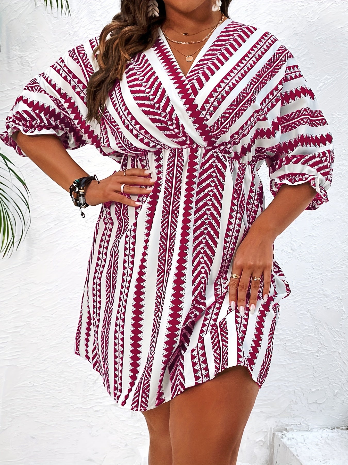 Women's Geometric Print Surplice Neck V Neck Dress Plus Size Boho Dress