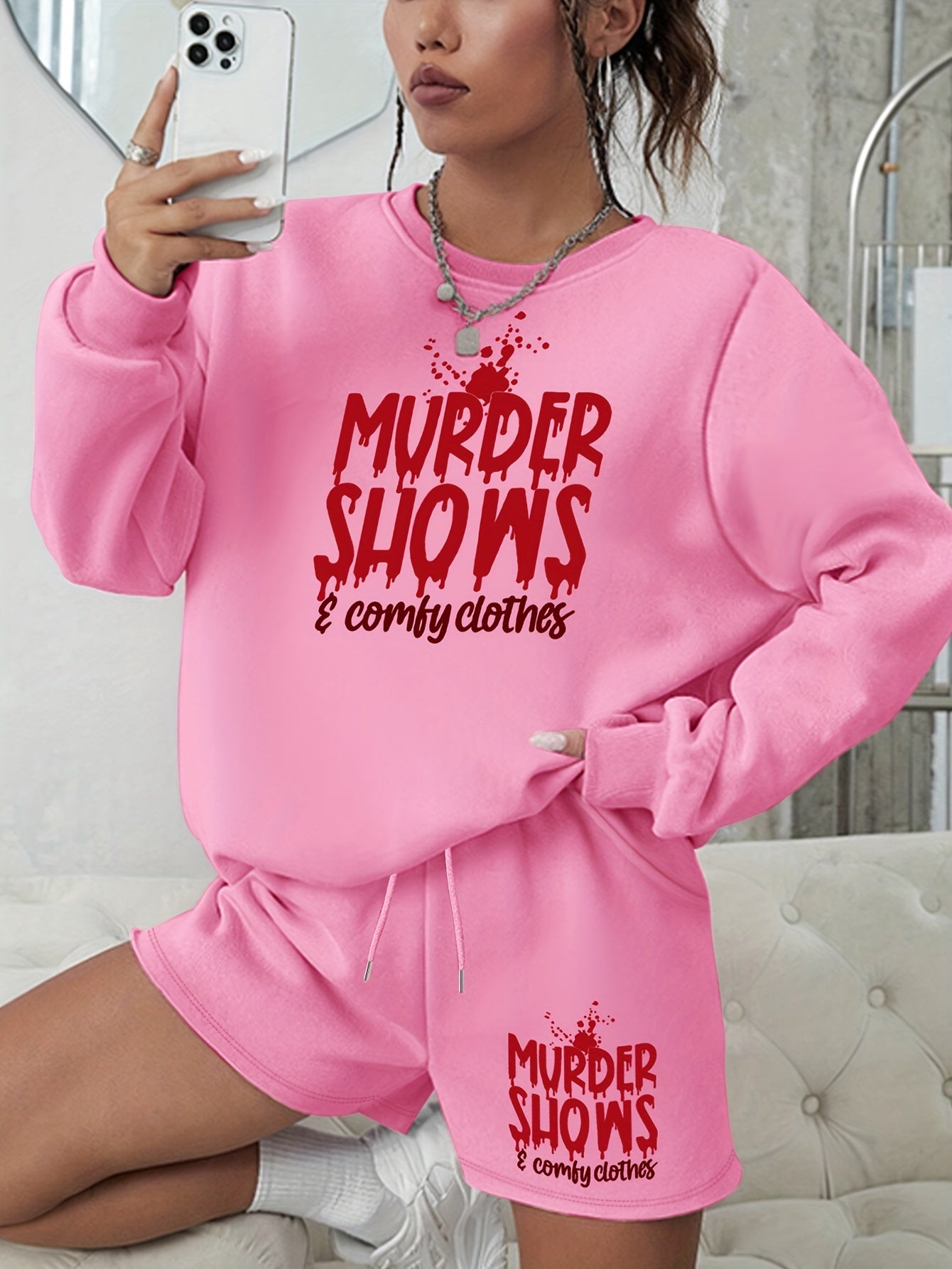 Women's Plus Size Halloween 2pcs Set Letter Print Sweatshirt & Shorts