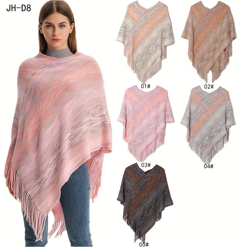 Women's V Neck Pullover Shawl Tassel Knitted Wrap Cloak