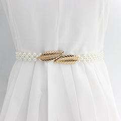 Metal Leaf Elastic Pearl Waist Chain for Dress