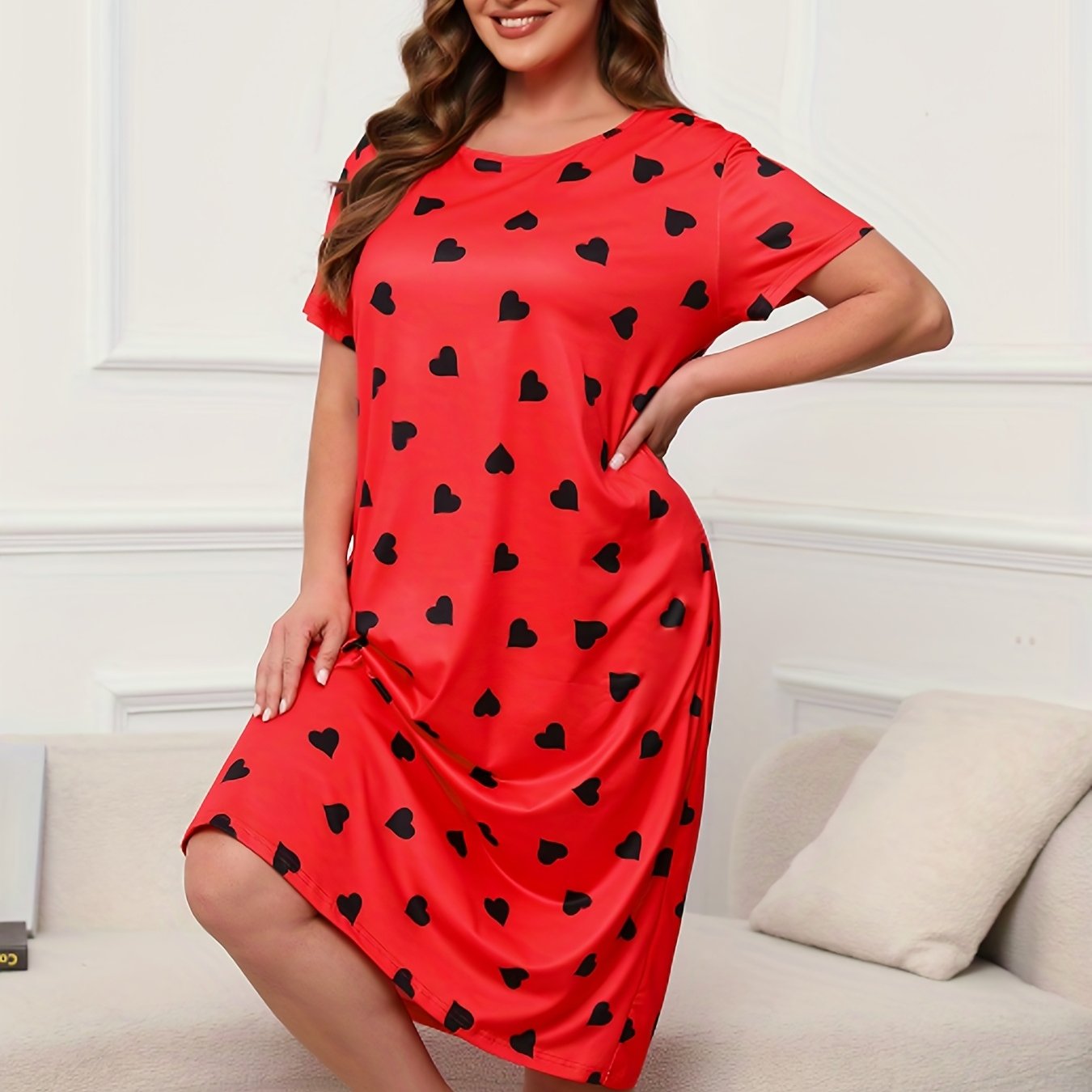  Heart Print Short Sleeve Lounge Dress