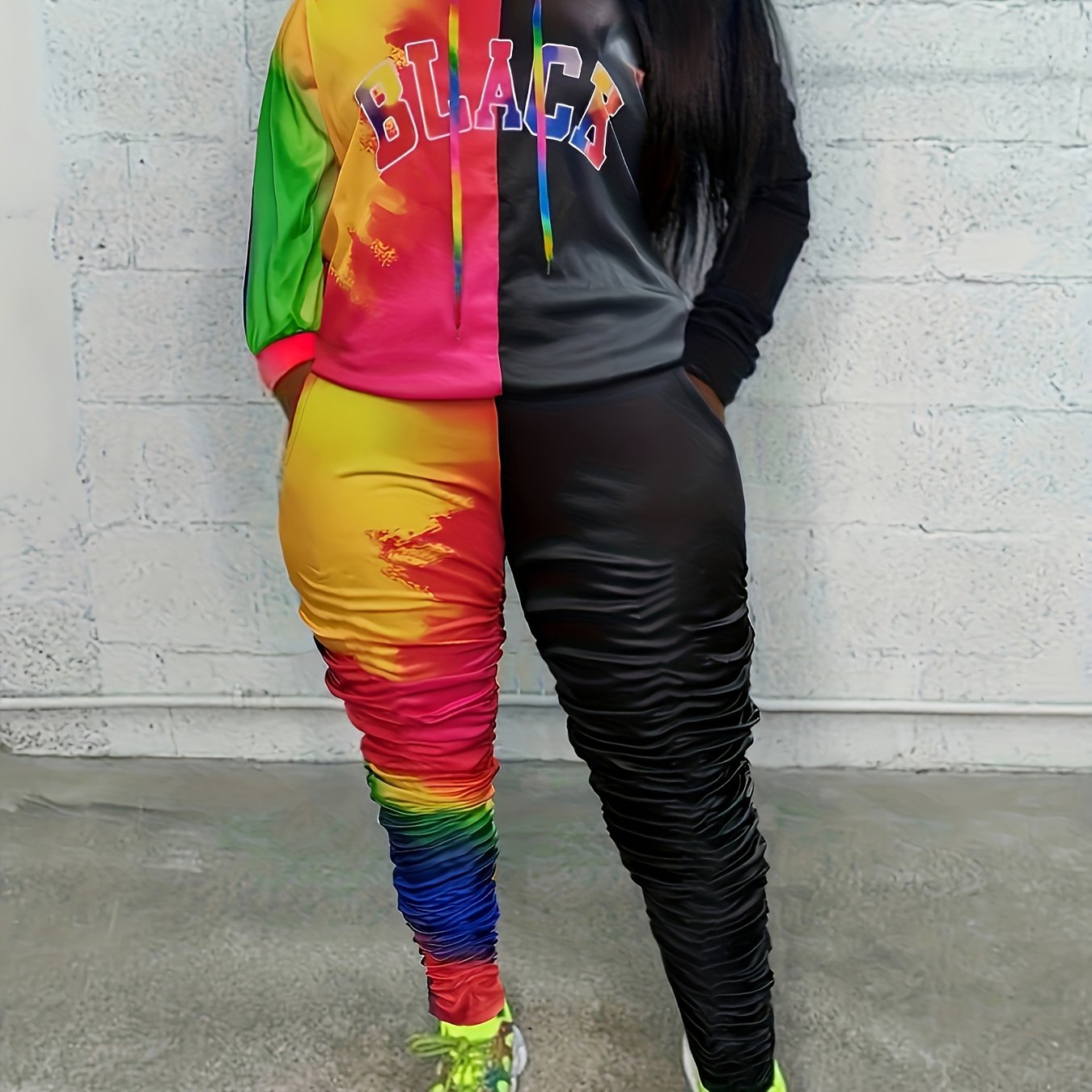  Colorblock Tie Dye Hooded Sweatshirt & Ruched Skinny Sweatpants